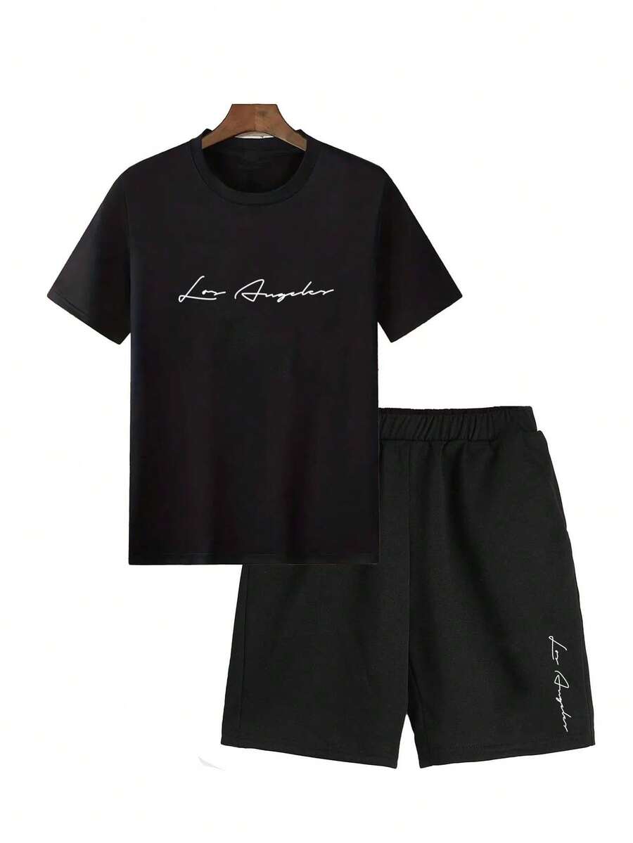 2 pzas Los Angeles Impresión Ropa de Hombre Casual Cuello Redondo Manga Corta Playera y Shorts con Cordón Primavera y Verano Deportes Portada - Negro - Ver 1