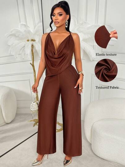 Amarilo Women's Autumn And Winter Sexy Internet Celebrity Jumpsuit - Dating/Party/Cocktail Dinner, Suspenders, Back Hollow, Neck Waist Design, Solid Color