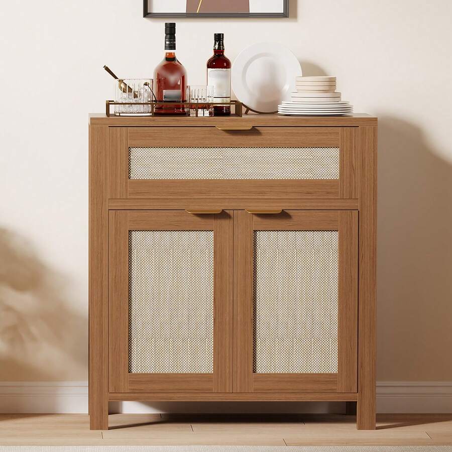 PtioHavn Aparador De Ratán, Mueble De Almacenamiento De Madera Con Estantes Ajustables, Cajones y Puertas De Ratán Para La Entrada / Sala De Estar / Cafetería En El Pasillo. - Roble oscuro - Ver 1