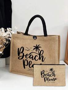 1个沙滩字母亚麻手提袋，个性化伴娘礼品袋，旅行收纳袋，大容量旅行化妆包：户外美妆的完美之选！适合婚礼、生日、海滩和假期，是馈赠亲朋好友的绝佳礼物。 - 卡其色 - 查看 14