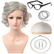 Trang phục bà già với tóc giả, phụ nữ trung niên và lớn tuổi, trang phục cosplay bà già tóc ngắn xoăn, bộ đồ hóa trang vui nhộn kèm tóc giả, mũ, vòng cổ ngọc trai, trang phục bà già thực tế, bộ trang phục bà già Halloween và Giáng sinh. - Nhiều màu - Xem 11