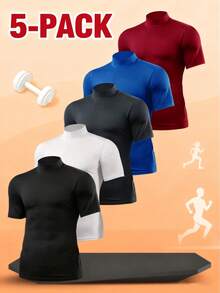 5-Pack Men's Mock Neck Fitted Workout Tees - Quick-Dry, Breathable & Medium Stretch Athletic Shirts For Gym, Running, Cycling & Everyday Wear - Nhiều màu - Xem 1