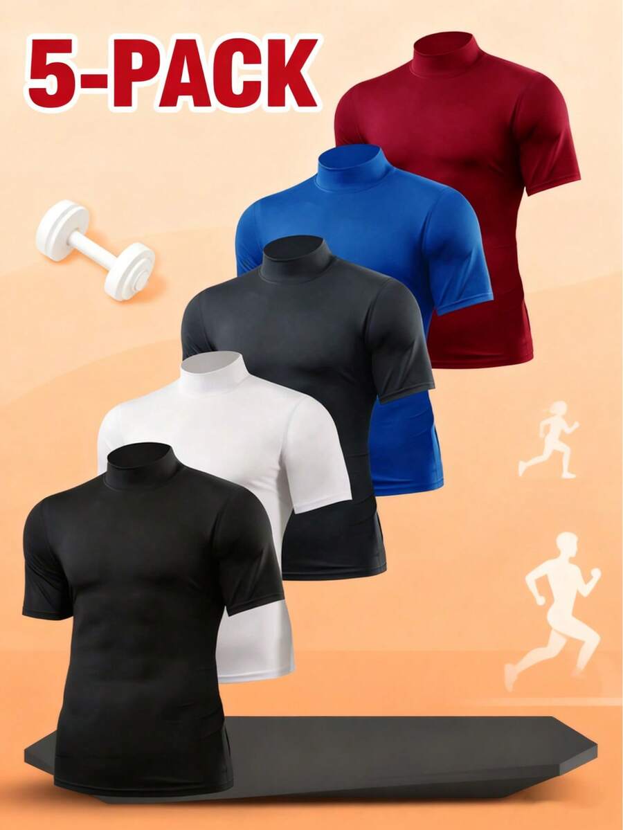 5-Pack Men's Mock Neck Fitted Workout Tees - Quick-Dry, Breathable & Medium Stretch Athletic Shirts For Gym, Running, Cycling & Everyday Wear - Nhiều màu - Xem 1