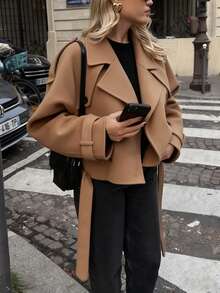 Women's Casual Loose Double-Breasted Lapel Short Jacket - Khaki - View 1