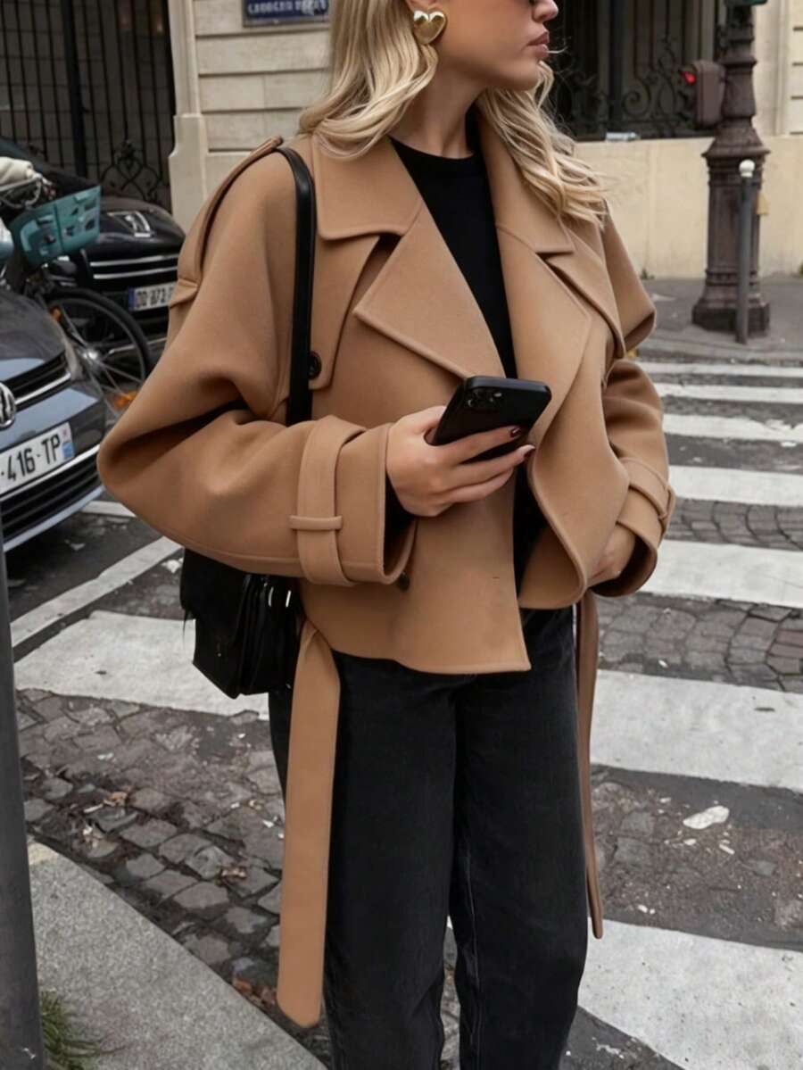 Women's Casual Loose Double-Breasted Lapel Short Jacket - Khaki - View 1