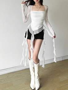 YeonC Mesh Long Sleeve Square Neck Fitted Tassel Patchwork Solid Color Versatile Blouse - White - View 6