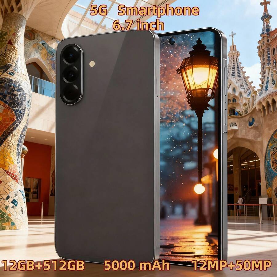 W&O 2025 New Android Smartphone, Mobile Phone - 6.7-Inch FHD+ Display, 12GB + 512GB Storage, 12MP + 50MP Cameras, Face ID, 5000mAh Battery, Dual SIM Cards, Stylus, Unlocked Phone, Comes With Headphones, Protective Case, Type-C Data Cable, Screen Protector, Ideal Christmas And Birthday Gift - 黑色 - 查看 1