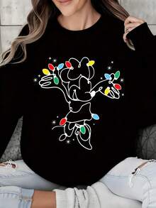 Plus Size Christmas Sweatshirt  Mickey Mouse Christmas Lights Print Women Casual Winter Holiday Outfit - 黑色 - 查看 1