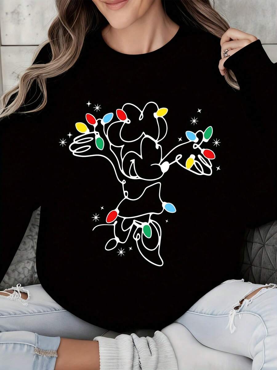 Plus Size Christmas Sweatshirt  Mickey Mouse Christmas Lights Print Women Casual Winter Holiday Outfit - 黑色 - 查看 1