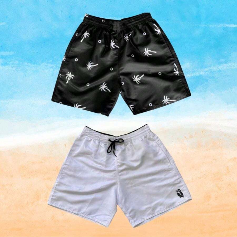 Set Of 2 Men's Tactel Shorts With Pockets - Beachwear, Gym, Pool - Black and White - View 1