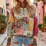 Vintage Patchwork Floral Embroidered Distressed Sweatshirt - Boho American Retro Loose Crew Neck Long Sleeve For Spring/Fall/Winter,Thanksgiving/Christmas Party/Christmas Eve Date/New Year's Eve Carnival