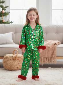 Kid Christmas Satin Pajamas Set Light String Print Long Sleeve Lapel Button Down Tops With Pants Sleepwear - Green - View 1