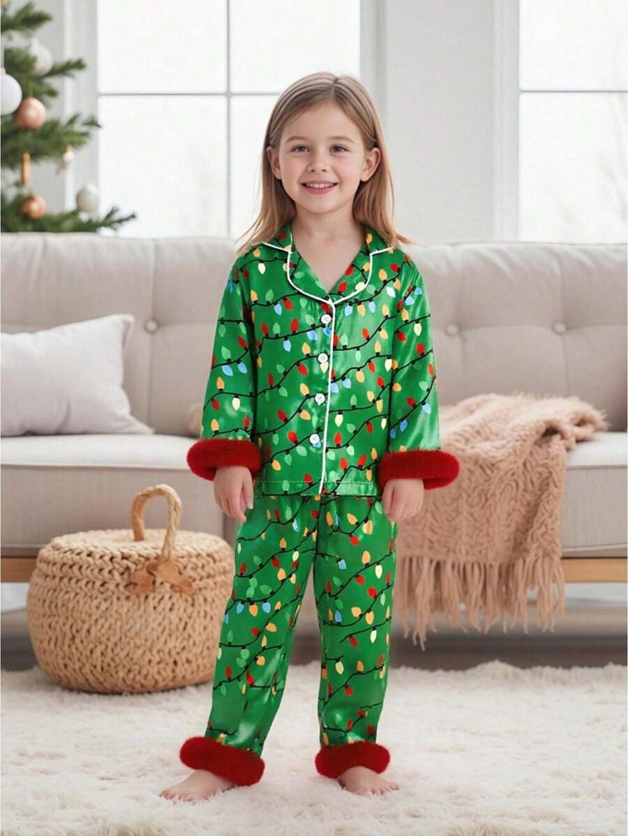 Kid Christmas Satin Pajamas Set Light String Print Long Sleeve Lapel Button Down Tops With Pants Sleepwear - Green - View 1