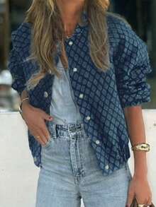 Fashionable Printed Casual Jacket, Lightweight Short Outerwear With Long Sleeves - Blue - View 1