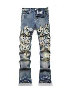 Stitched Embroidered Vintage Slim Fit, Small Leg Pants, Men's Trousers, Ripped Patch Jeans, Men - 7717 - Xem 2