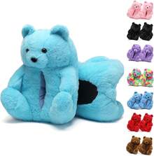 Bashful Teddy Bear Plush Slippers For Women,Pig Slippers,Cozy Plush Animal Slipper With Face-Pawing Shy Design,Non-Slip Fuzzy Winter Indoor House Shoes, Birthday Christmas Gift Ideas (US Sizes 9-12)Christmas - A11-淺藍色 - 查看 8