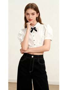 13-16岁少女职业套装，白色泡泡袖衬衫搭配黑色斜纹裤 - 白色 - 查看 3