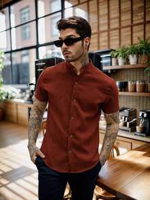 Men's Short-Sleeve Shirt With Mandarin Collar And Linen-Look - Assorted Colors - Comfortable - 亮橙色 - 查看 1