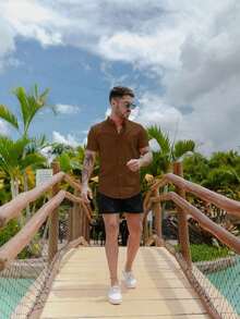 Men's Short-Sleeve Shirt With Mandarin Collar And Linen-Look - Assorted Colors - Comfortable - 摩卡棕 - 查看 2