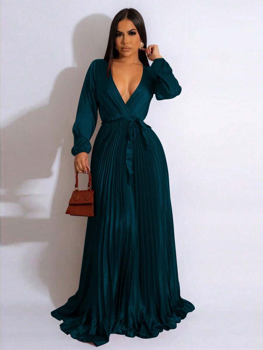Vestido largo elegante de mujer con cuello en V, bajo plisado y cinturón, para primavera - Verde Oscuro - Ver 1