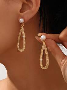 1 par de pendientes de perla en forma de lágrima con rhinestones, adecuados para mujeres, versátiles para uso diario, otoño/invierno - Oro 13 - Ver 4