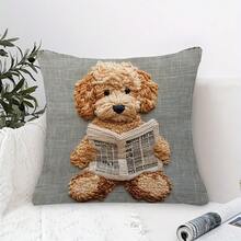 1Pc Contemporary Teddy Dog Reading Newspaper Throw Pillow Cover - 17.7*17.7 Inches, Single-Side Print, Machine Washable With Zipper, Polyester Cushion For Living Room Sofa Car (No Insert) - Multicolor - View 5
