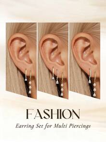 1/3pcs 18K Gold-Plated Dainty Waterdrop Cubic Zirconia Ear Stud & Huugie Hoop Earrings, Allergy-Friendly Stackable Earrings, Cute Earrings Set For Women And Girls Gift - Multicolor - View 6