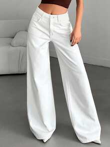 Jeans a vita alta e gamba dritta, jeans ampi e morbidi, stile versatile, pantaloni lunghi fino a terra, pantaloni casual in cotone per primavera/estate, adatti per l'ufficio, appuntamenti, lavoro, anche una scelta elegante per le signore per San Valentino e Capodanno. Pantaloni bianchi lunghi. - Bianco - Visualizzare 5