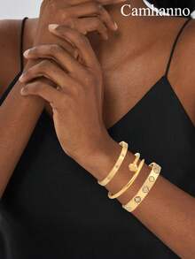 3pcs Fashionable And Luxurious Stainless Steel Diamond Flower Bracelet Suitable For Women's Daily Or Holiday Wear, Leisure, Gatherings, Holiday Gifts - Yellow Gold - View 3