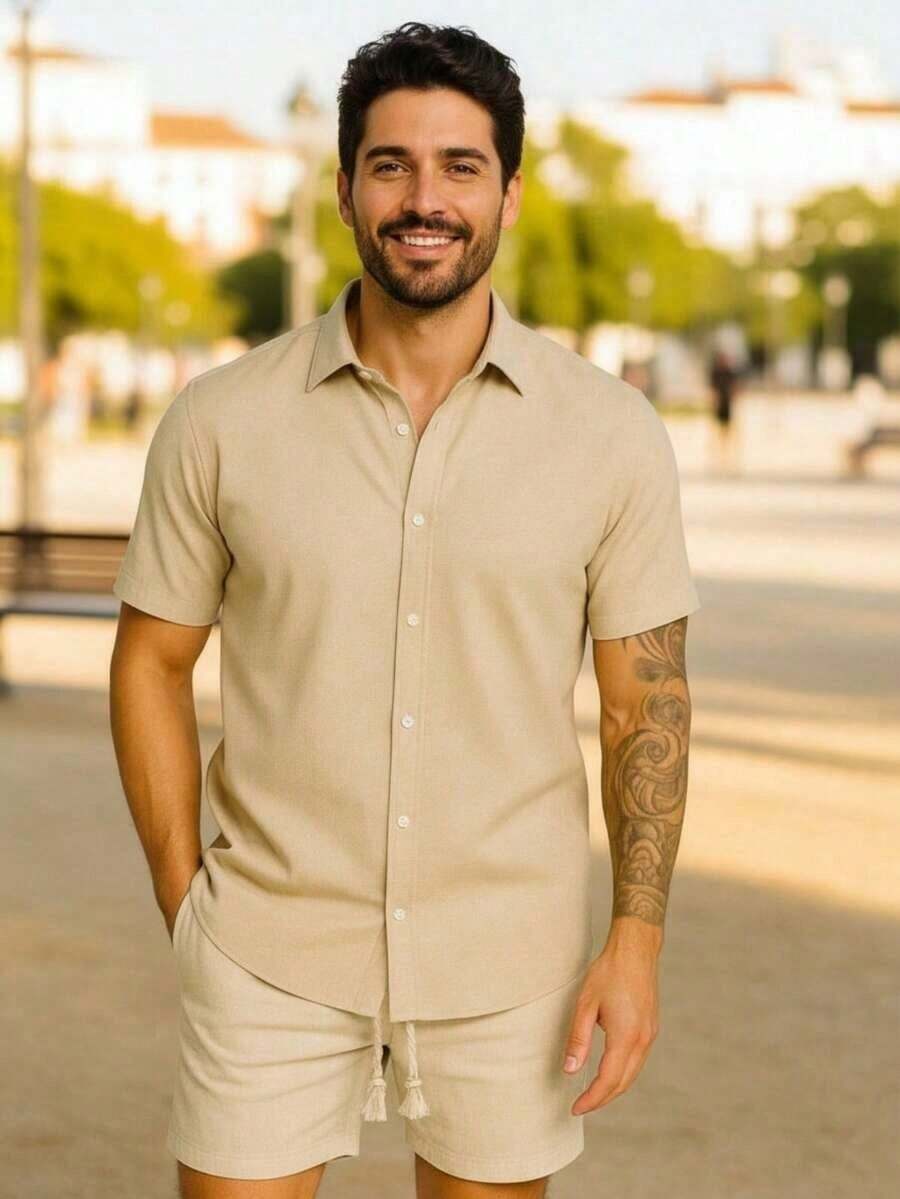 Men's Kit: Short-Sleeved Shirt With Italian Collar And Plain Shorts. Premium Set, Comfortable, Lightweight And Cool, Perfect For Summer, New Year's Eve And Christmas. - 米色 - 查看 1