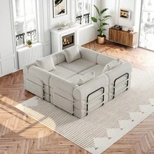 Sofá Cama Chenille 2 en 1 con Almacenamiento en el Reposabrazos, Tres Estructuras Metálicas y Múltiples Opciones de Configuración. Conjunto de Dos Piezas - caqui + chenilla + 4 plazas - Ver 10