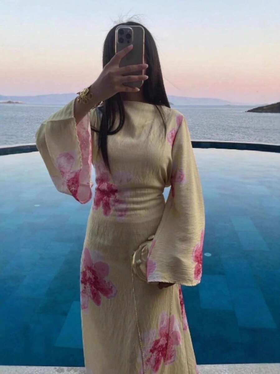 Dress Flared Sleeves Big Flower Dress Women - 黃色 - 查看 1