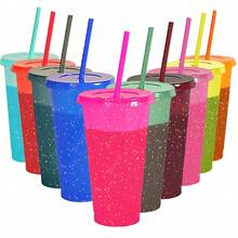 30 Piezas Vasos Mágicos con Purpurina de 710 ml que Cambian de Color al Contacto con Frío, con Tapa y Popote Reutilizable, Vasos de Plástico de Grado Alimenticio, Ideales para Fiestas, Hogar, Oficina y Eventos – Diseño Antideslizante, Duradero y Fácil de Limpiar - Purpurina de varios colores - Ver 11