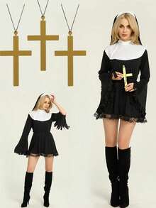1 Set Nun Costume Accessories - White Collared Hat, Gold Cross Necklace Party - Multicolor - View 2