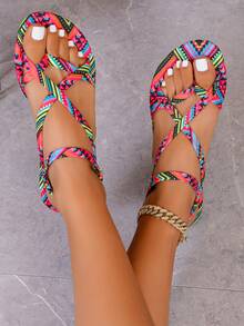 Women's Flat Sandals, Bohemian Style, Thin Strap Crisscross Design, Non-Slip Soft Sole, Lightweight And Comfortable, Versatile With Clothing. - 玫紅色 - 查看 3