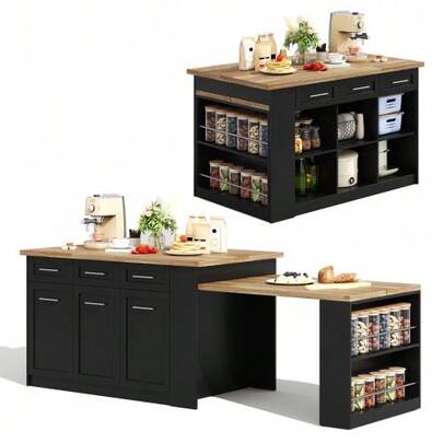 Multifunktionale Kücheninsel,150x96 cm,com ausziehbarem Esstisch em Schwarz,Arbeitsplatte/Tisch com laminierter Holzmaserung e Stauschränken integrado.Ideal para Familienküchen e zum Bewirten