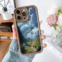 Cubierta de teléfono con borde negro diseño de montañas y cielo azul con nubes caminantes en sendero verde para uso diario y viajes - Café integral - Ver 2
