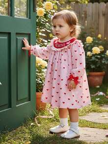 Kids Girls Valentines Day Dress, Long Sleeve Crew Neck Heart Plaid Dress Fall A-Line Dress - 粉色 - 查看 5
