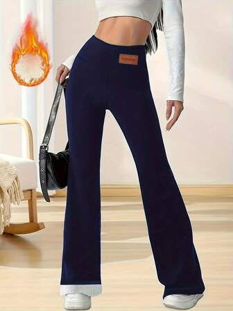 กางเกงขายาวทรงบาน หนา สำหรับผู้หญิง, เลกกิ้งกันหนาวสีดำ, ลำลอง - ดีไซน์กางเกงทรงบานอุ่น, แฟชั่นและสวมใส่สบาย, เหมาะสำหรับผู้หญิงและผู้ที่ชื่นชอบ