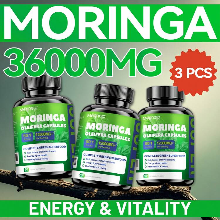 MEGNETA Moringa Capsules - 12000mg Pure Moringa Powder, Rich In Antioxidant, Energy, Light Beige Health, Gut Health, Immune, 60 Capsules - Three Bottles - the Best Option - View 1