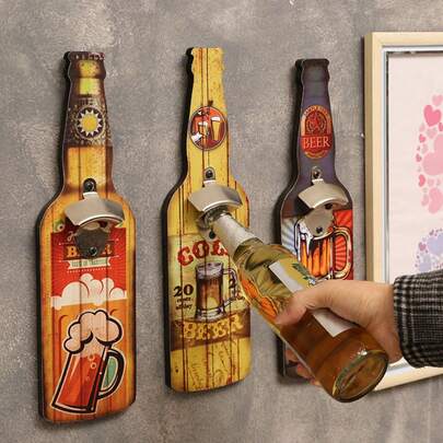 1pc Vintage Wooden Wall-Mounted Bottle Opener - Rustic Style Beer Bottle Cap Remover Tool With Decorative Design, Suitable For Home And Bar