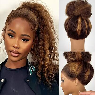 4/27 渐变色浸染隐形蕾丝假发，360°蕾丝前假发，预先拔毛的真人发丝，150%密度，杰瑞卷发，全蕾丝前假发带婴儿发，38英寸