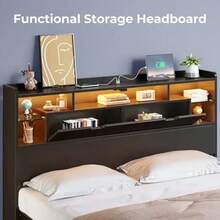 Base Cama Led Con Estante Y Estación Carga,Base Cama Matrimonial Plegable con Storage, Puertos USB y de Carga, Luces LED, Ideal para Recámara Moderna, Full 211*139*113 - Negro - Ver 4