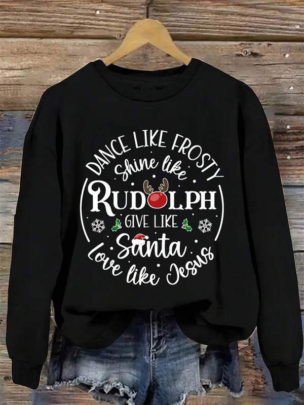 Women's Casual Long-Sleeve Black Fleece Crewneck Sweater - Christmas Inspirational Theme, Printed With The Text: "DANCE LIKE FROSTY Shine Like Rudolph GIVE LIKE Santa Love Like Jesus" In Artistic Fonts, Combined With Patterns Of Snowmen, Reindeer, And Santa Claus. Suitable As A Christmas Gift And For Wearing During Christmas, Machine Washable, Perfect For Autumn And Winter, Loose Fit, Comfortable And Casual, Ideal For Layering, And A Great Top For Weekends And Everyday Wear. ...
