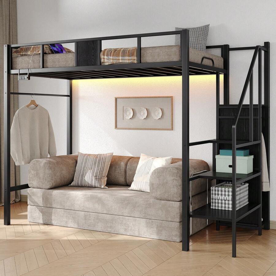 Furniouse Bed Frame, Loft Bed, Modern Minimalist Black Metal Bed Frame With Charging Station And LED Lighting, Three Storage Compartments, Safety Guardrails, Sturdy And Durable With Silent Operation, Perfect For Small Rooms, Apartments, Dormitories, Etc. - 查看 1