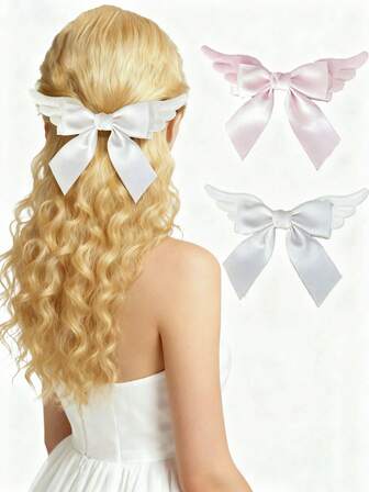1 pieza Clip de pelo con lazo grande y elegante para niñas, lazo de satén de seda con alas de piel sintética, elegante y estiloso, accesorio de pelo perfecto para mujeres y niñas, para looks casuales, fiestas de cumpleaños, bodas, Navidad, regalos festivos