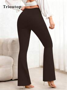 女士高腰喇叭瑜伽裤 - 收腹提臀，弹力休闲裤 | 女装，女士下装，女士长裤 - 棕色 - 查看 5