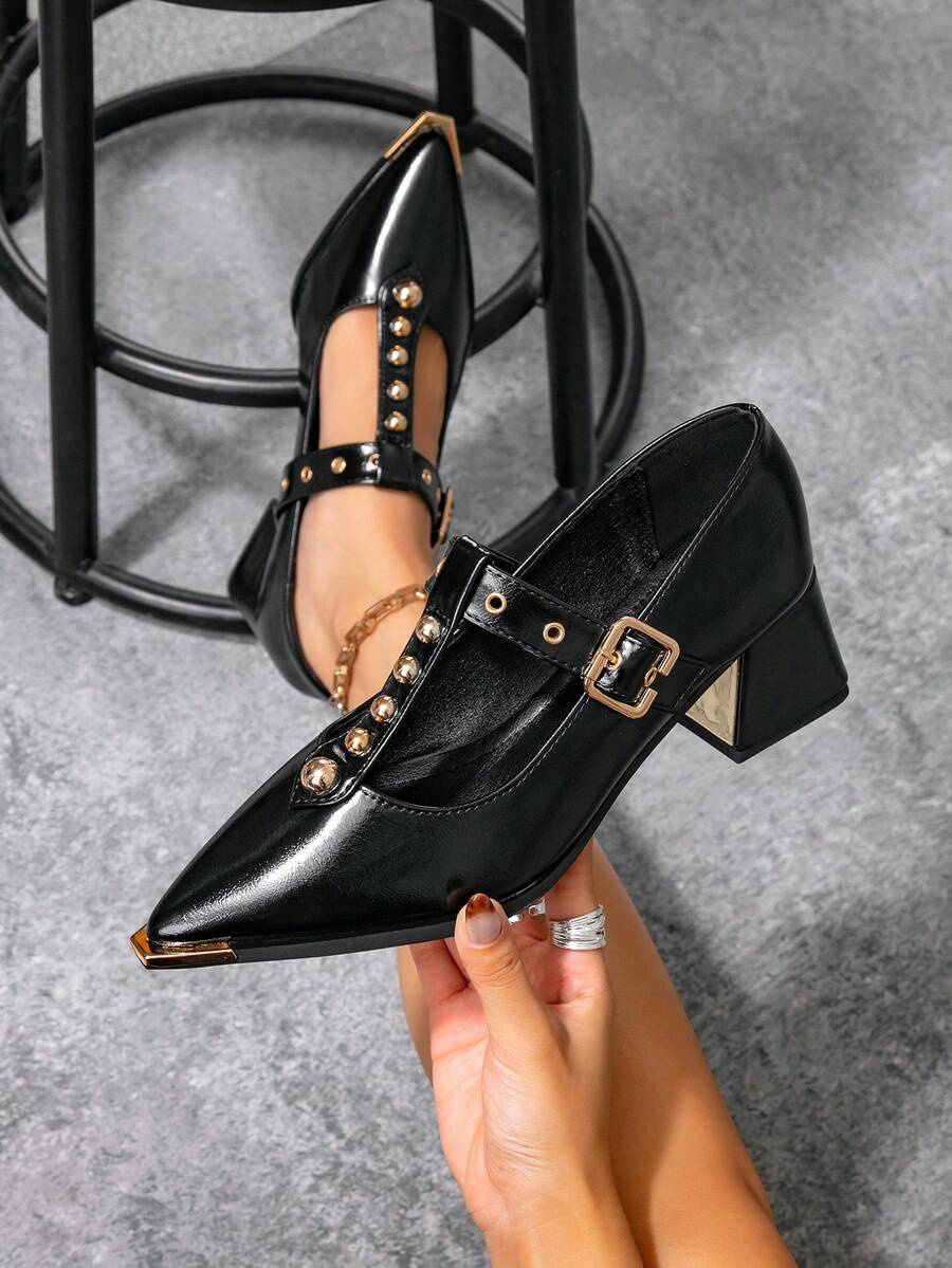Wysokiej jakości, gorąco sprzedawane, europejskie i amerykańskie, metalowe czółenka na grubym obcasie, nowe, eleganckie, damskie, casualowe, imprezowe, retro, Mary Jane, płaskie, z antypoślizgową gumową podeszwą i nitowanym paskiem w kształcie litery T - Czarne - Zobacz 1