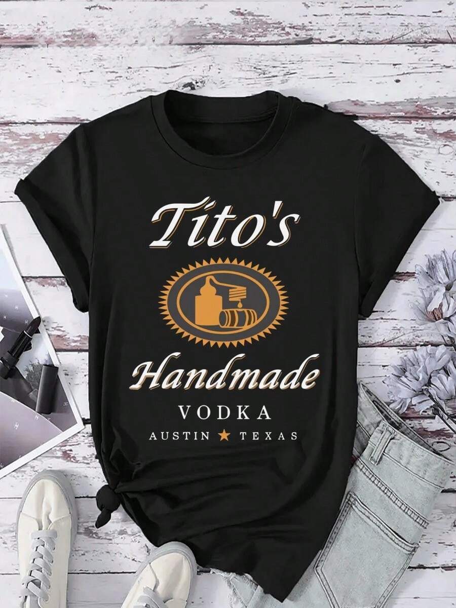 100_ Cotton 220g Women's T Shirt Tito's Vodka Graphic Ustin Texas Handmade Spirits Casual.Jpg Suitable For Summer Wear, Printed Pattern Short Sleeves, Ladies' Tops, And Printed Short Sleeves. - 黑色5 - 查看 1