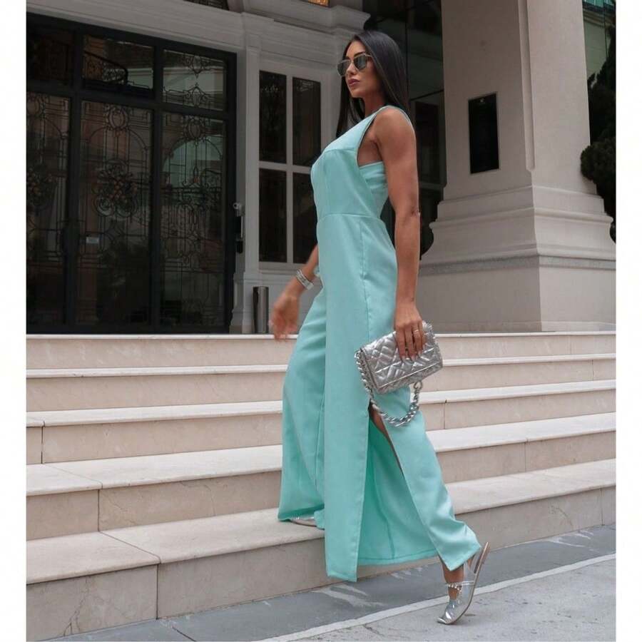 Women's Tailored Long Jumpsuit With Side Slit - Blue - View 1
